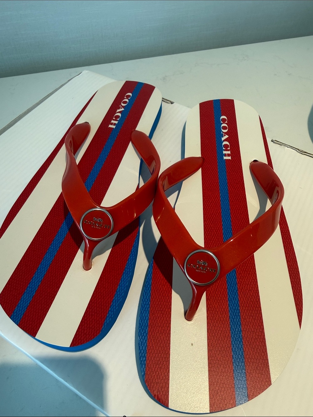 Coach Red and Blue Striped Flip Flops